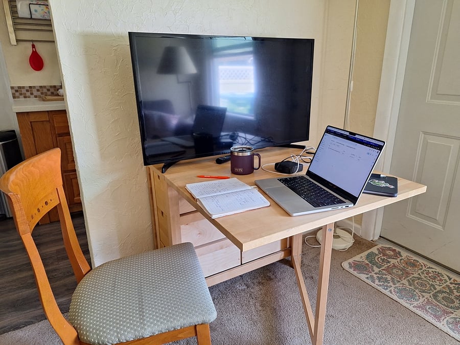 Fold out table when you want a little more surface space.