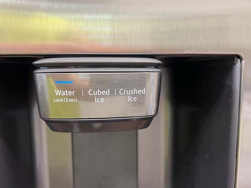 Filtered water, ice, crushed ice dispenser in new refrigerator.