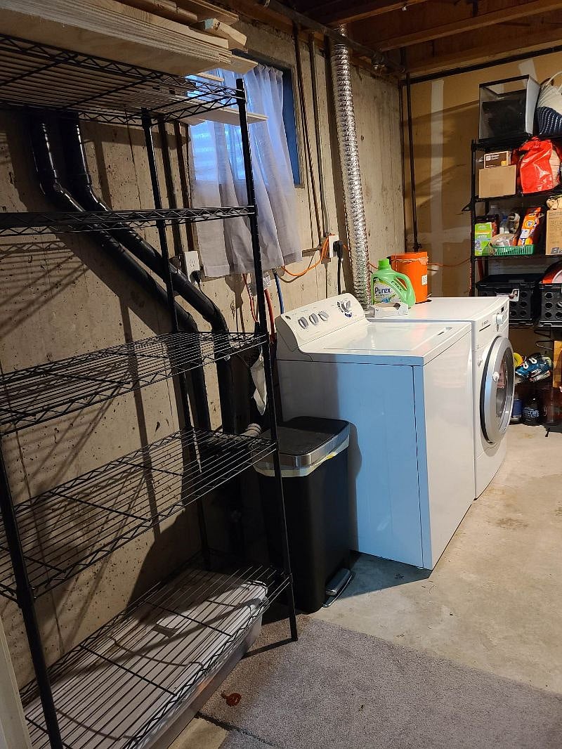 empty basement shelves for gear in laundry room
