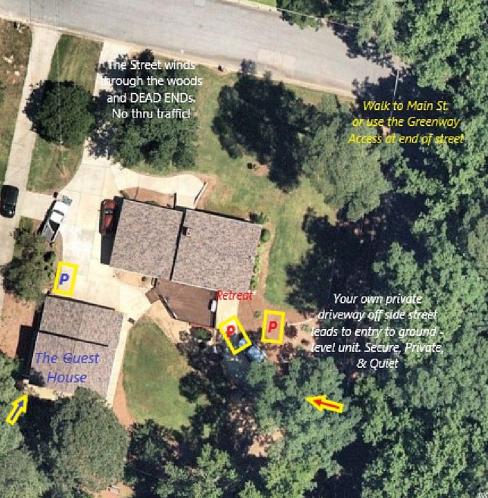 Exterior of both buildings. TCR is ground-level with rear driveway off side street