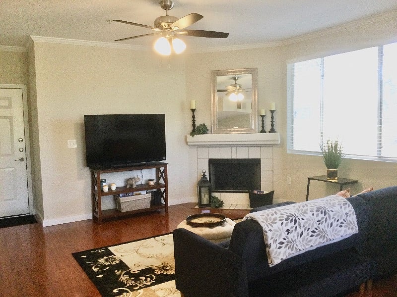 55" TV and fireplace