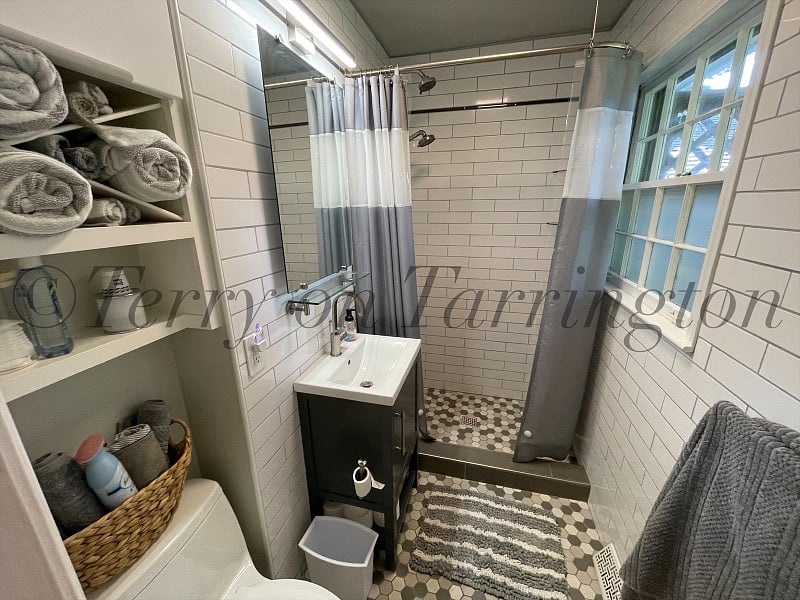 Mstr Bathroom: looks original, but is actually an all-new renovation designed to look like it has always been there.