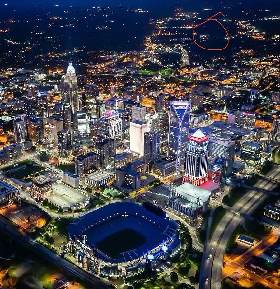 "Uptown" Charlotte (City-Center) as the locals call it, is basically contained within the I-277/77 loop. ToT is about 3miles out Hwy 74/ Independence Blvd (red circle). No stoplights, all highway, 4 minutes to center city.