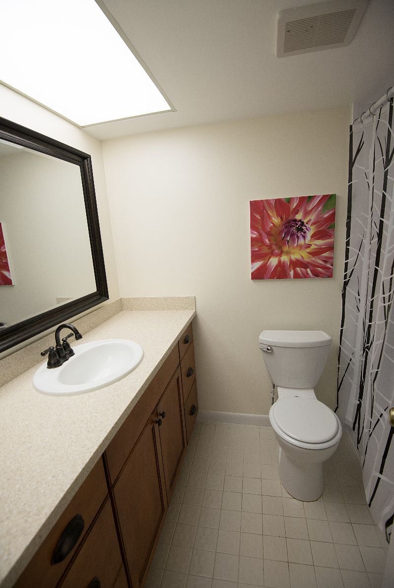 Remodeled guest bathroom with Corian counter tops.