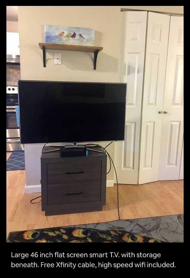Large 46 inch flat screen smart TV with storage beneath. Free Xfinity cable, high speed wifi included.