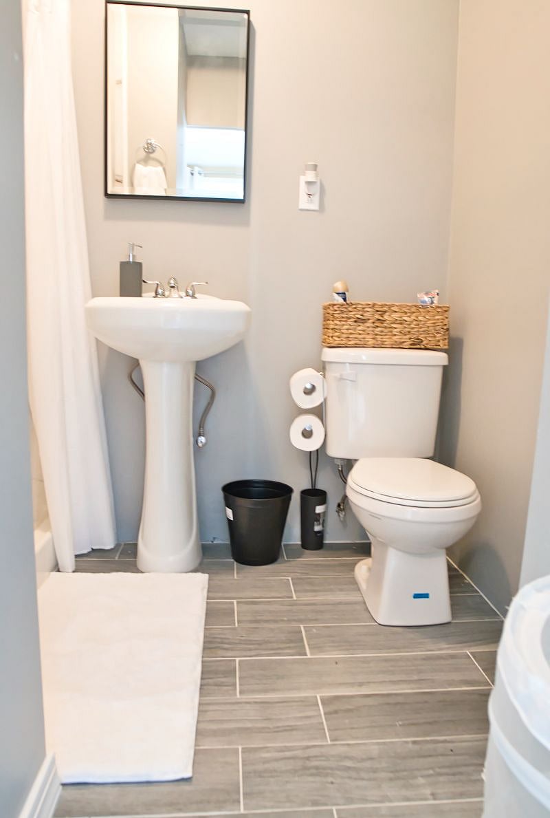 Bathroom with starter toiletries, and antibacterial hand soap