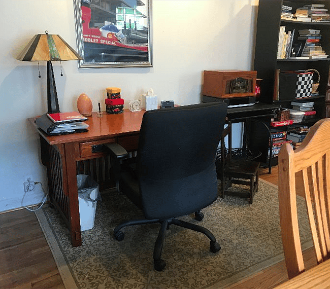 There is a nice desk with good lighting and high-speed wireless Internet.