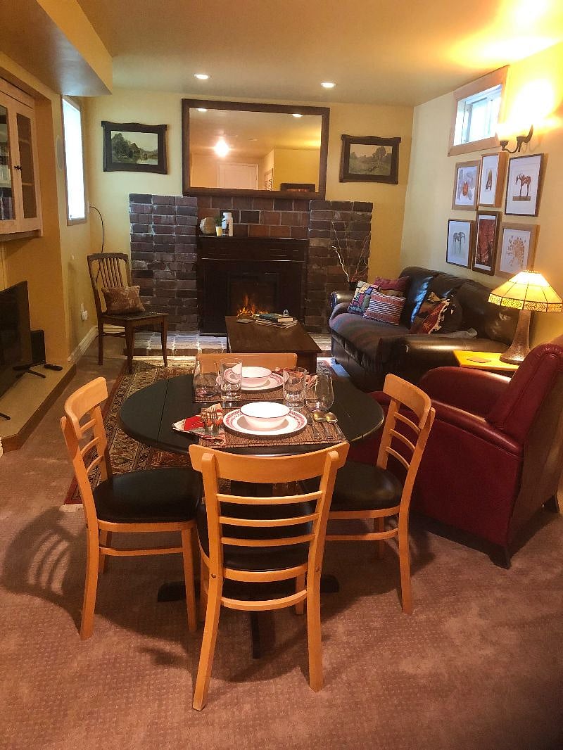 Kick off your shoes and relax in front of fireplace for dinner, read a good book or watch your fav movie from comfy recliner while you unwind. 36" round pedestal table converts to 24" with two leaves that drop down.