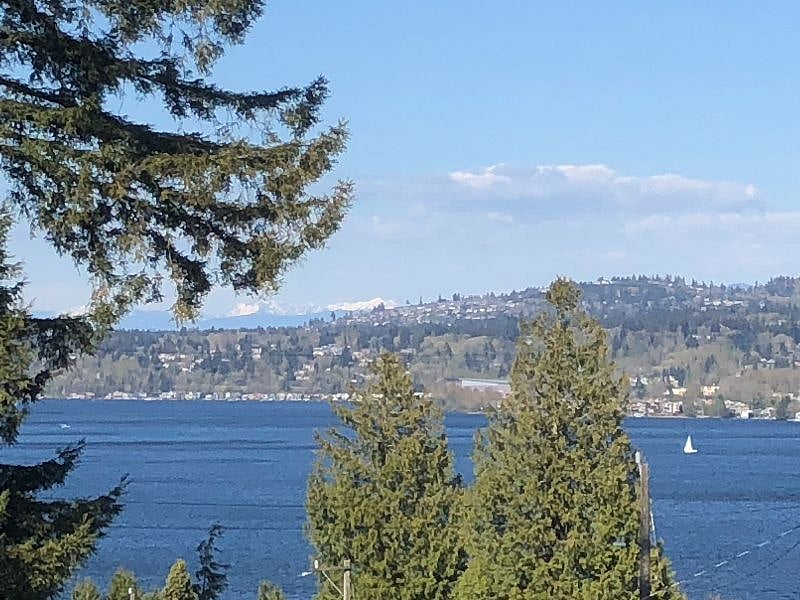 View 2 blocks away: Lake Washington sailboat with Cascade Mountains & Mercer Island.
