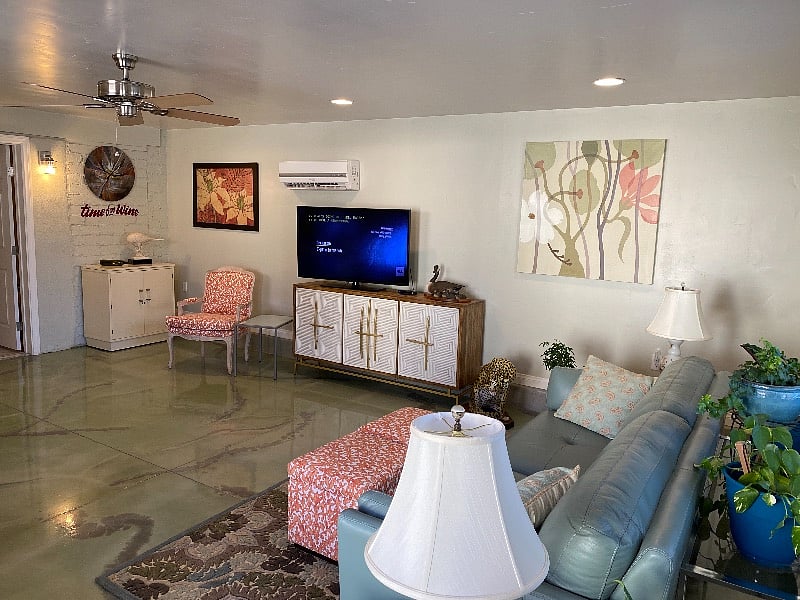 Living room with large TV.