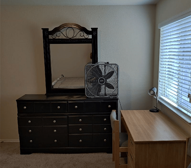wardrobe with a mirror and a portable fan 