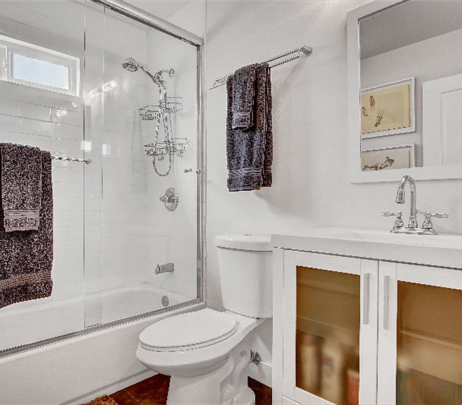 Bathroom with shower and tub with multi-setting massage shower head.