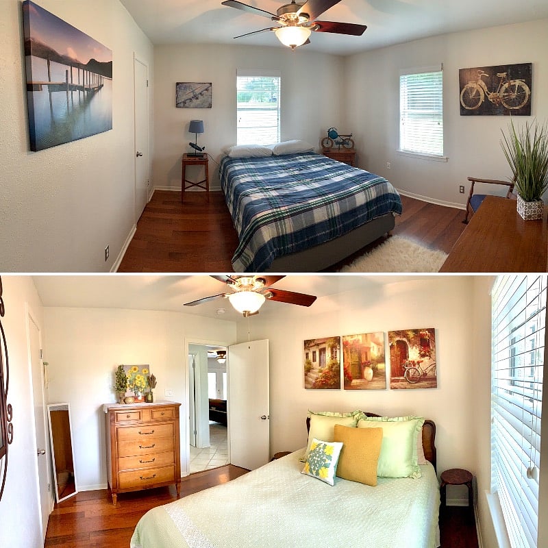Both guest rooms feature a queen bed, dresser and closet with built-in shelves.
