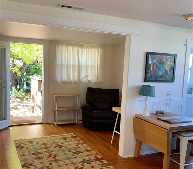 A quiet reading nook next to the back entrance.