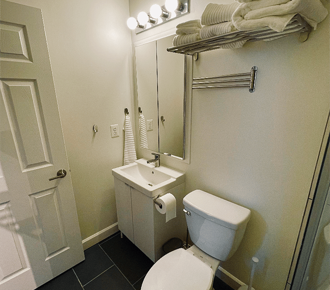 Completely renovated full bathroom with recessed medicine cabinet behind mirror.