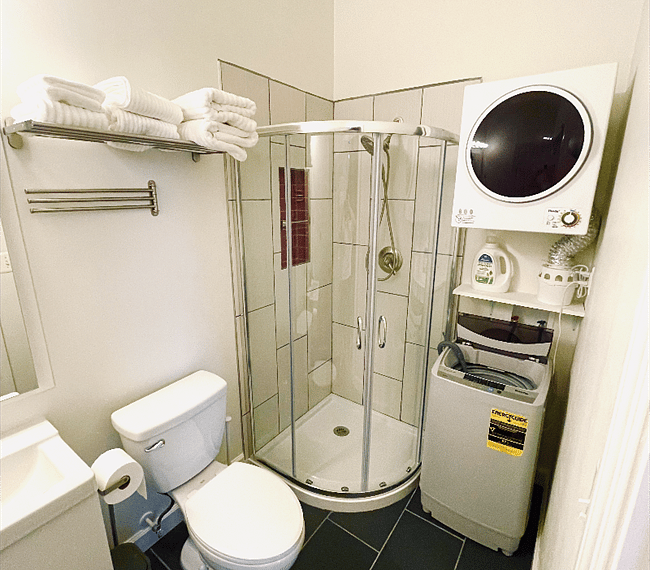 Luxury shower unit with detachable shower head. In-unit washer and dryer!