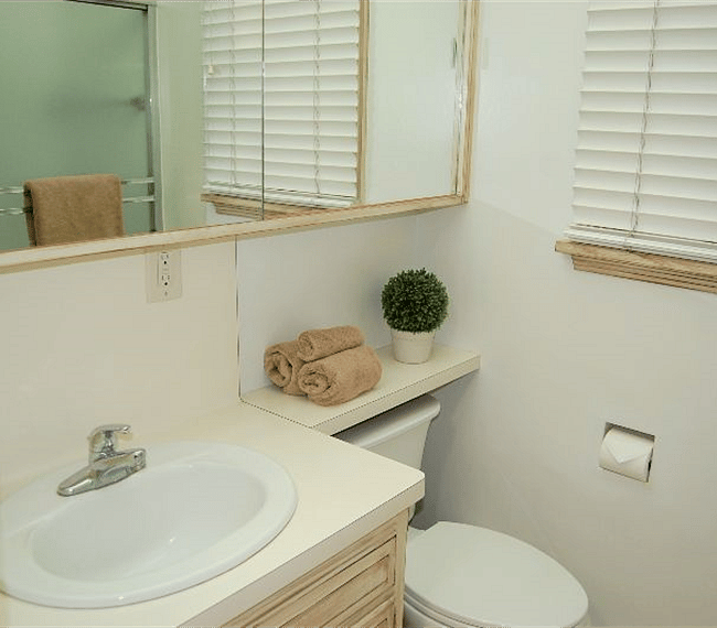 Bath sink and toilet with large sliding mirrored medicine cabinet