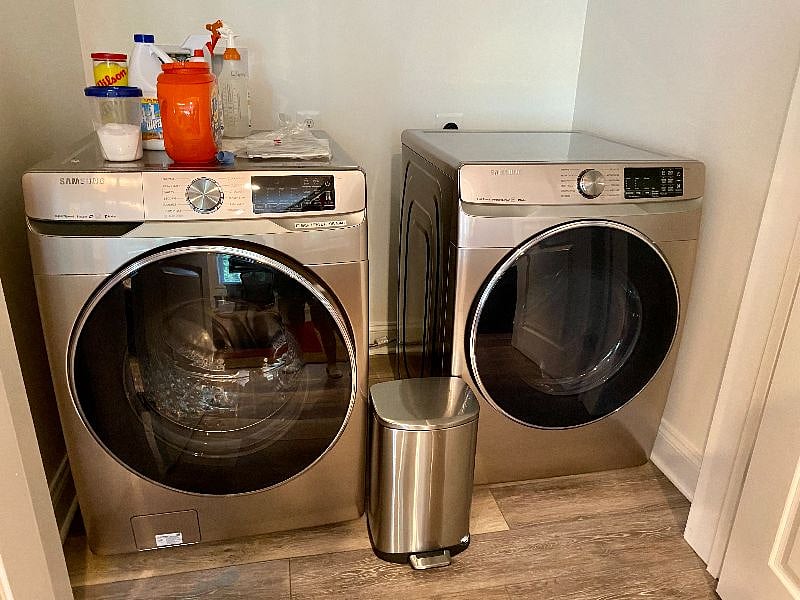 Your private full-size washer and dryer is hidden behind double doors. 