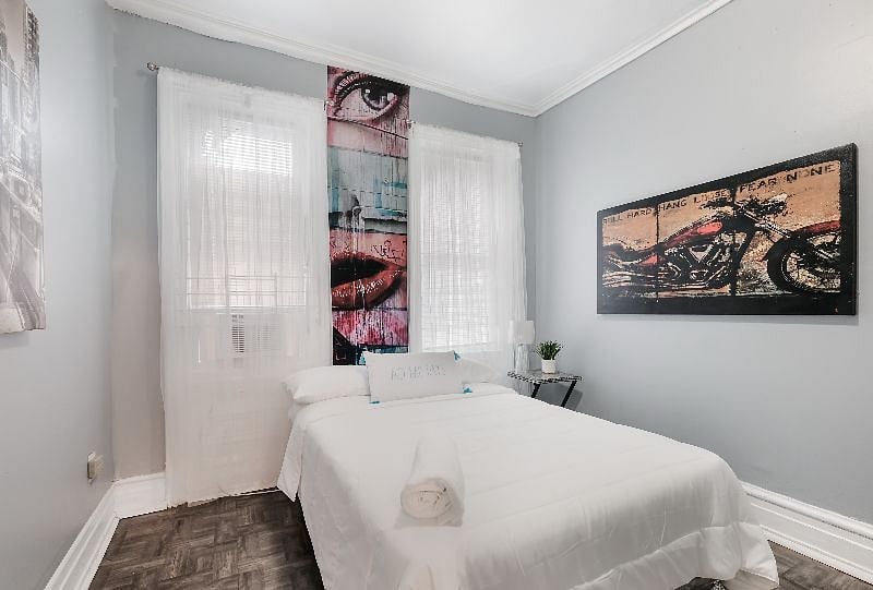 1st Bdrm on the main level has a full bed, closet space, AC, windows for fresh air and private doorway, large room.