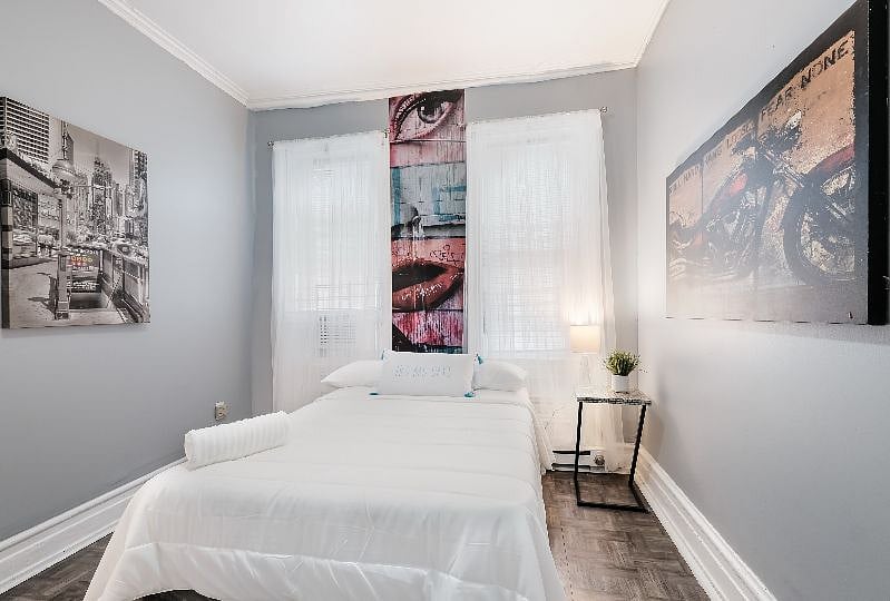 1st Bdrm on the main level has a full bed, closet space, AC, windows for fresh air and private doorway, large room.