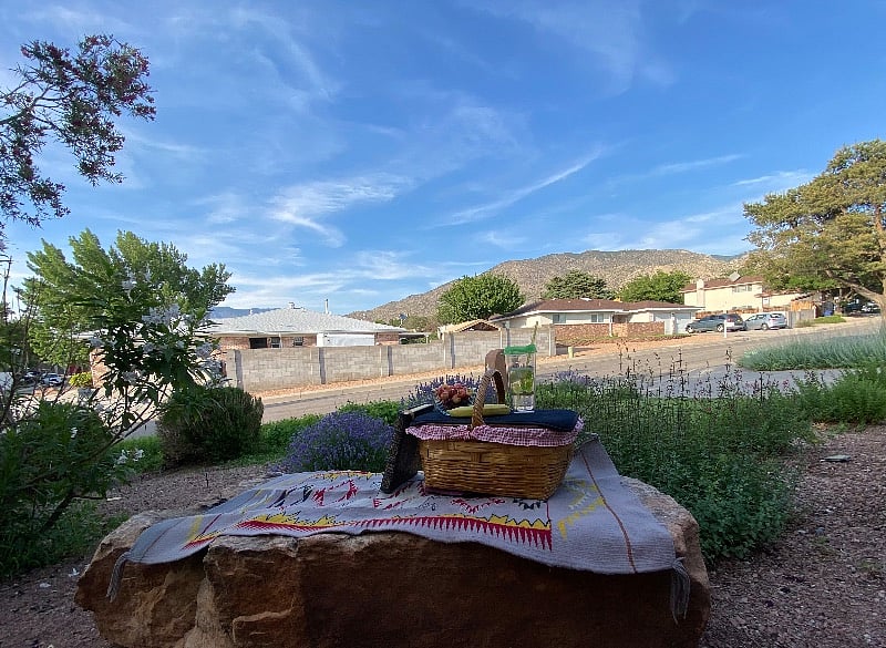 Enjoy a glass of wine, read a book or simply relax on the rock bench while viewing the beautiful Sandia Mountains.