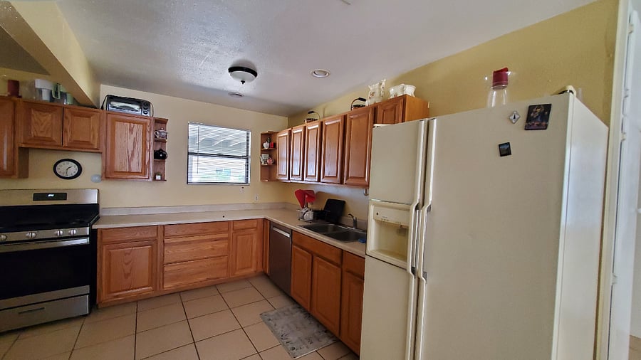 Galley kitchen with gas stove, dishwasher,  and full size refrigerator. Kitchen is fully equipped for everyday cooking with small appliances. 
Dishwasher, gas range, microwave, toaster, mixer, coffee maker, etc.