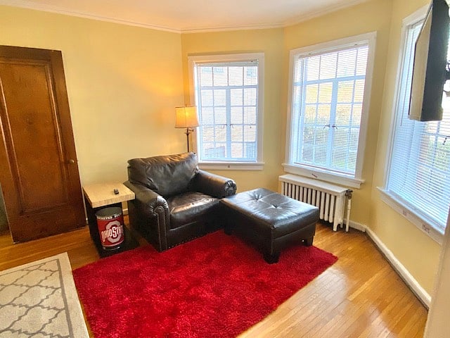 Leather chair & ottoman in bay window area.