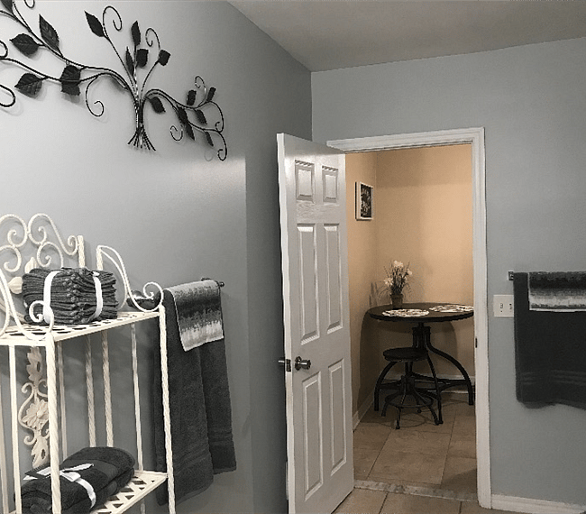 View from bathroom to kitchenette