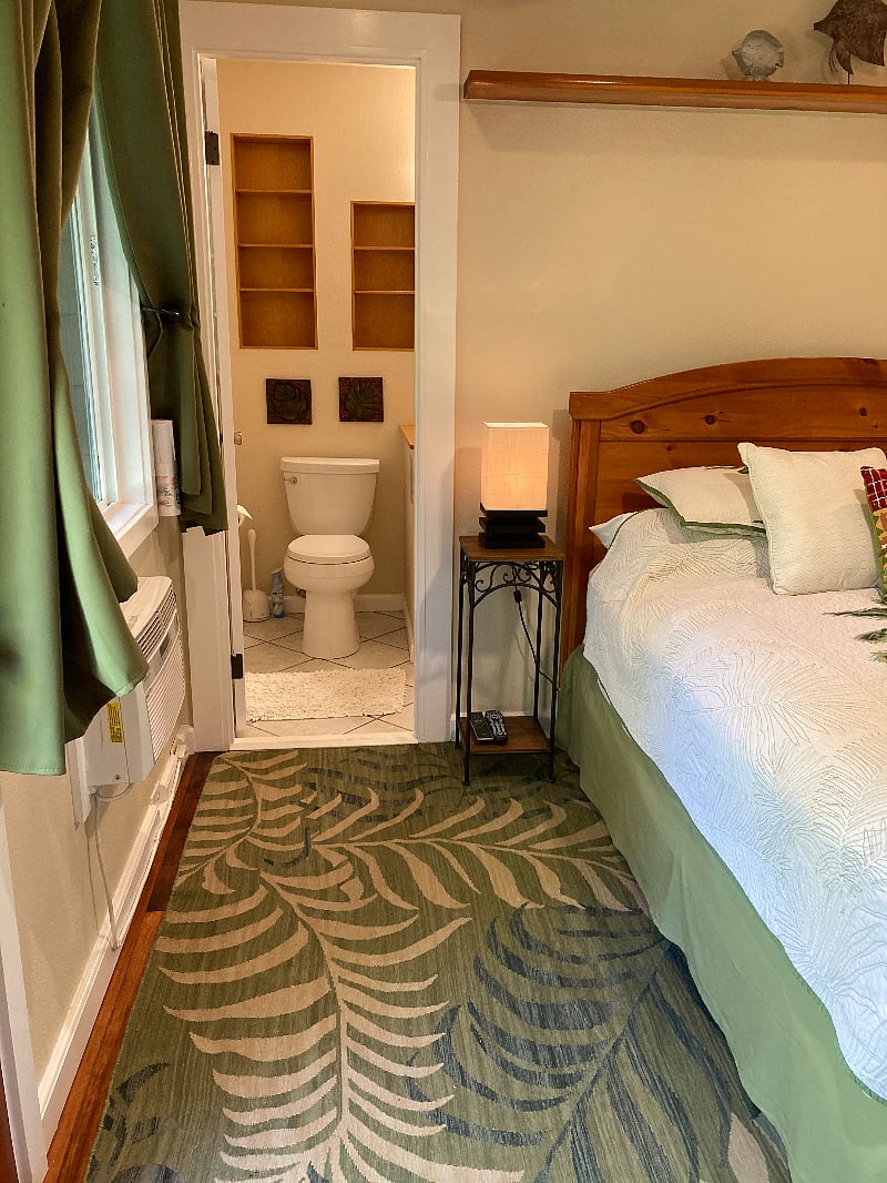 A view of the bathroom from the bedroom. A door separates the rooms.