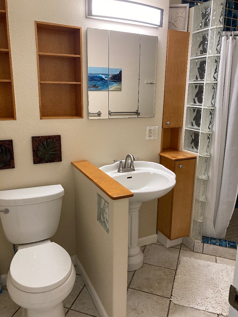 A view of the bathroom sink and storage cabinets.
