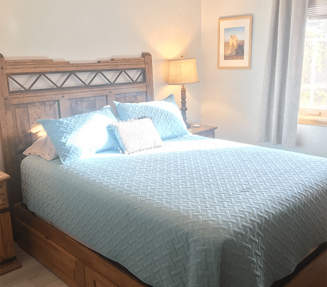 cozy queen size bed with mountain view from bedroom.  