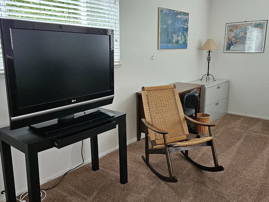 TV screen and desk in living room