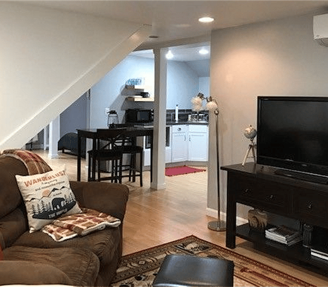Looking into the dining/kitchen area from the living room.