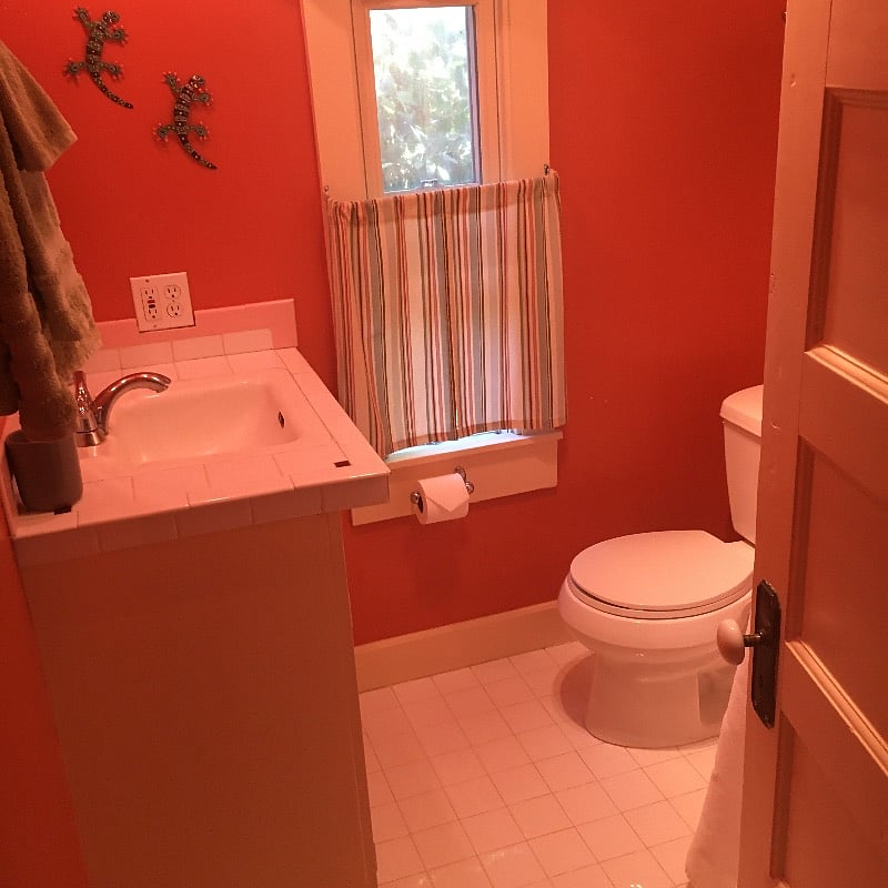 Small bathroom Shower behind the door.