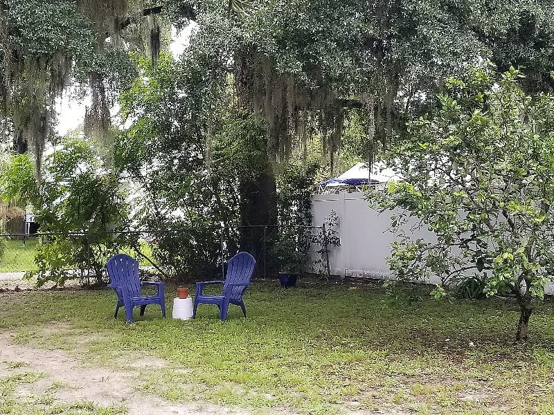Relax with your coffee or iced matcha in the shade out back under the large live Oak and Spanish Moss