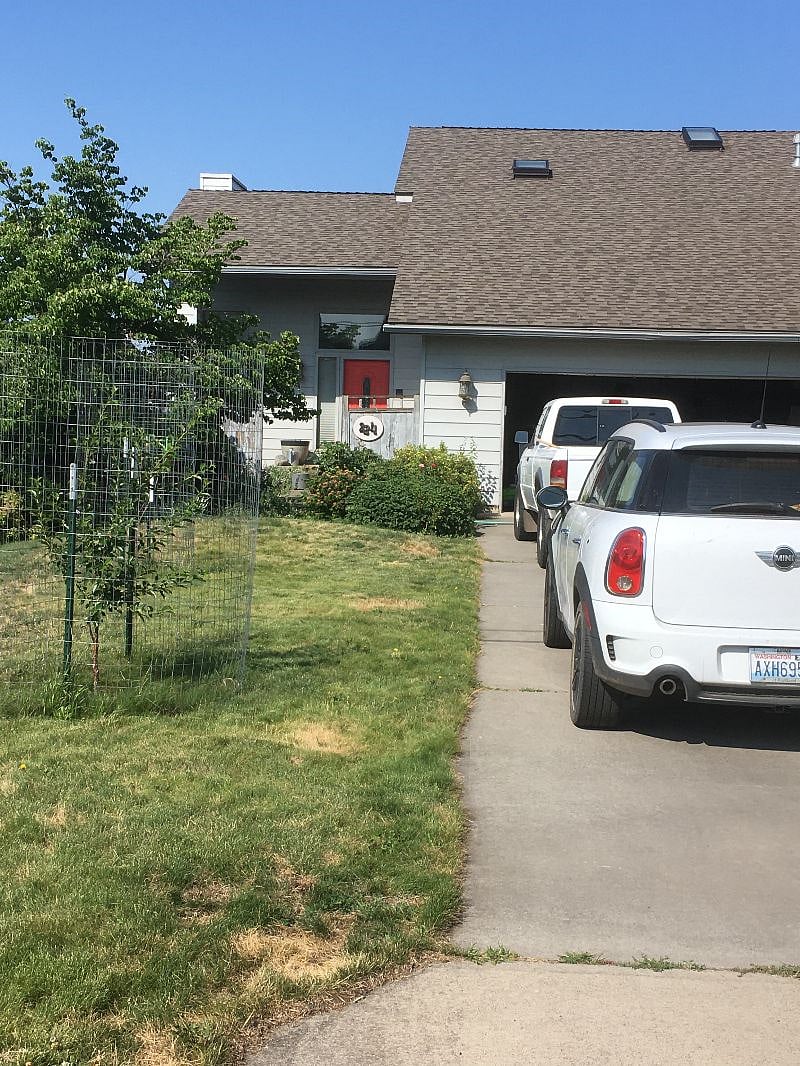 Street-side yard, driveway and front entrance.