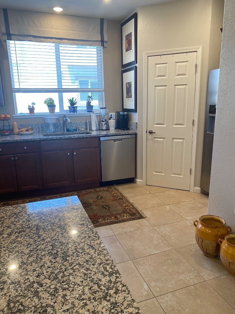 Kitchen with pantry and large double door refrigerator with ice and water! Keurig for quick and easy morning coffee!