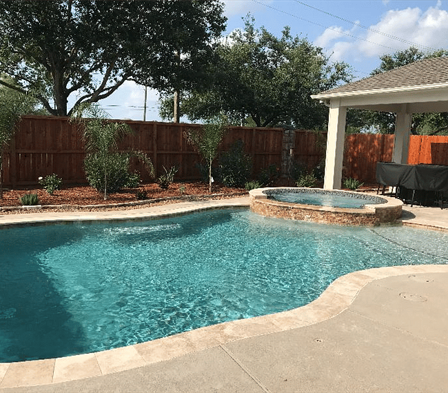 Shared swimming pool and hot tub, lounge chairs, fire pit, and gas grill.