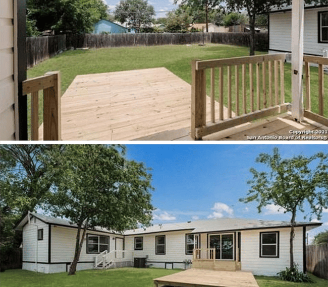 Deck with outdoor patio furniture, barbecue pit, outdoor lights, enclosed backyard.