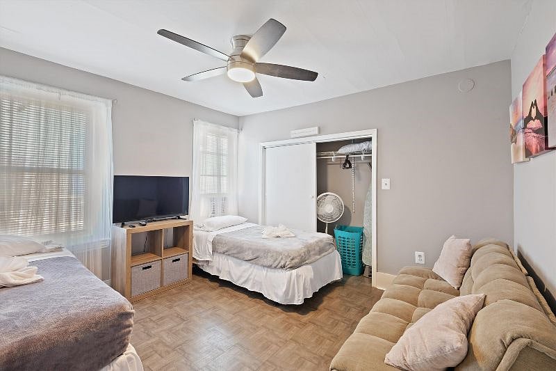 Bdrm 2 has 2 single beds 1 futon and comfortable layout, closet space and AC