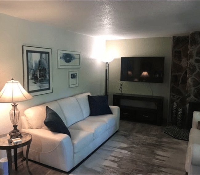 living room with leather couch-flat screen-fireplace