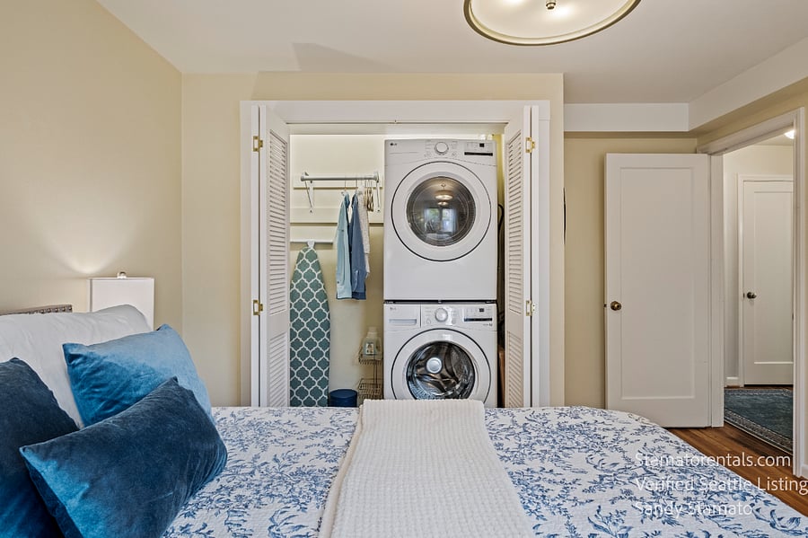 Your large washer/dryer are top of the line and so quiet. You have plenty of space in the closet for your hangables and shelves for shoes,etc. There is extra space in the hallway coat closet too. Plenty of space The