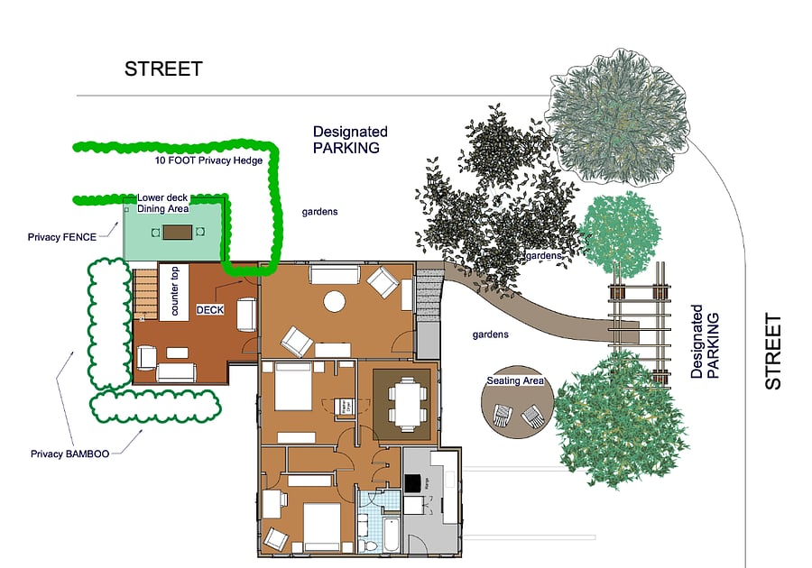 Photos tell part of the story. This site plan shows how the home, gardens, deck, parking, and outdoor spaces all come together. We lovingly care for the gardens year-round, so all you have to do is settle in and enjoy them.