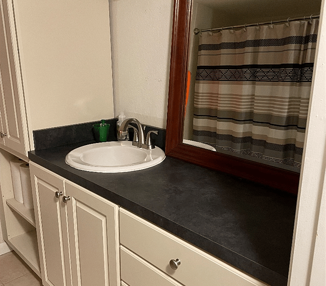 Main hallway bathroom, new cabinets