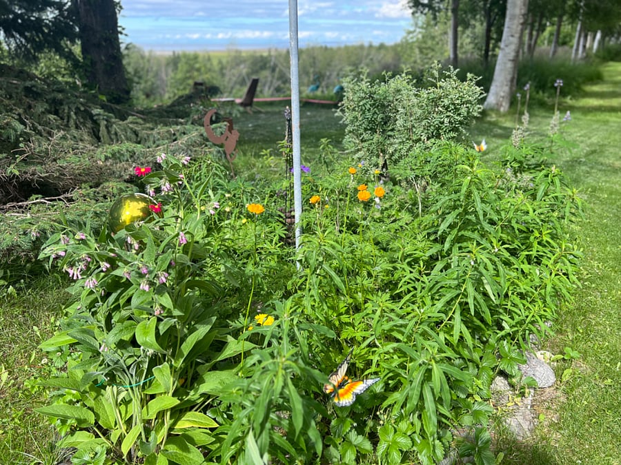 Flower garden and seating with panoramic ocean view