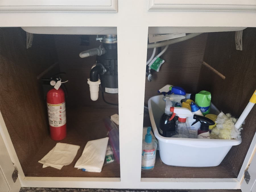 Cleaning products & tools provided as well as a fire extinguisher and 1st aid kit.
