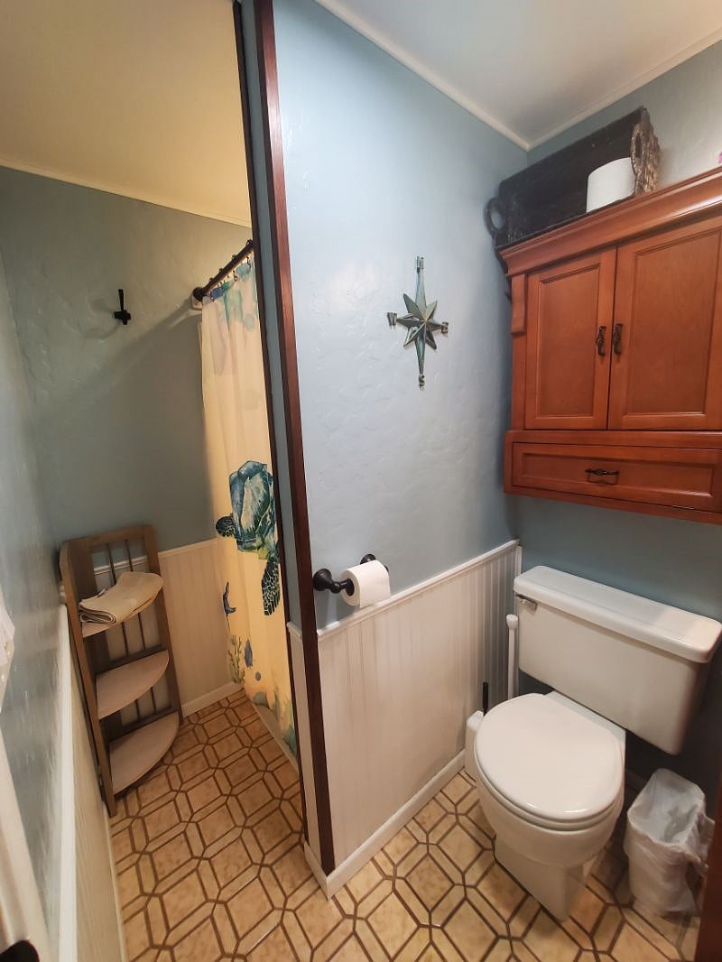 Updated bathroom photo with storage cady outside shower & towel hook.