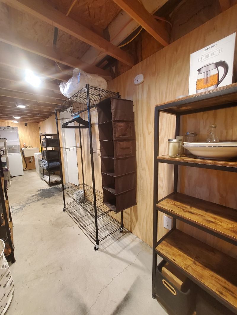 Huge storage area for traveler's use (not shared). Closet area includes both hanging access and plenty of space for folded items.