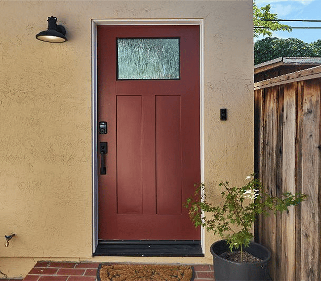 Private front door with electronic lock and Ring doorbell