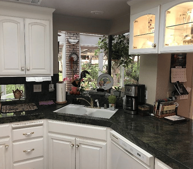 Kitchen with view of koi pond.